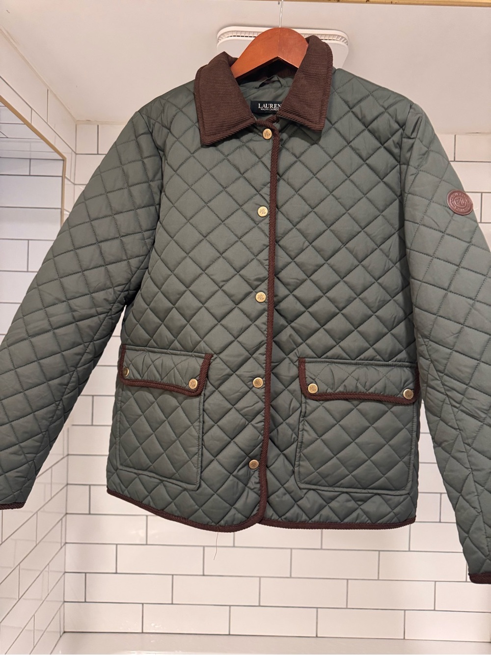 Ralph Lauren Quilted Olive Green Jacket with Brown Trim
